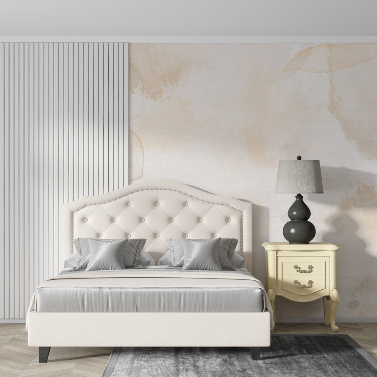 Modern abstract wallpaper with watercolor effect shown in a bedroom setting