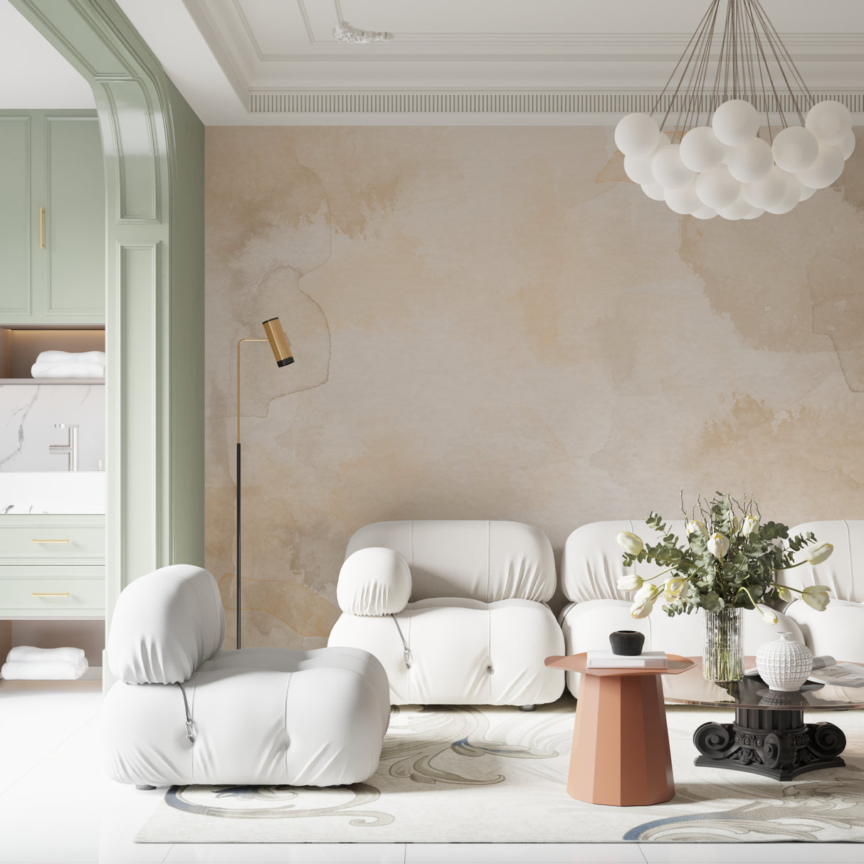 Geometric 3D circle pattern wall mural displayed in an art gallery style entrance