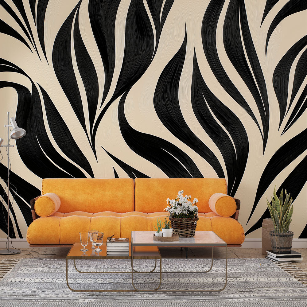 Modern abstract curved wallpaper creating depth in a minimalist living room with black and beige tones