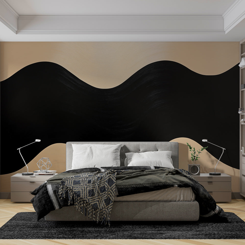 Abstract wave wallpaper in modern living room, black and beige tones creating dramatic feature wall against minimal furniture