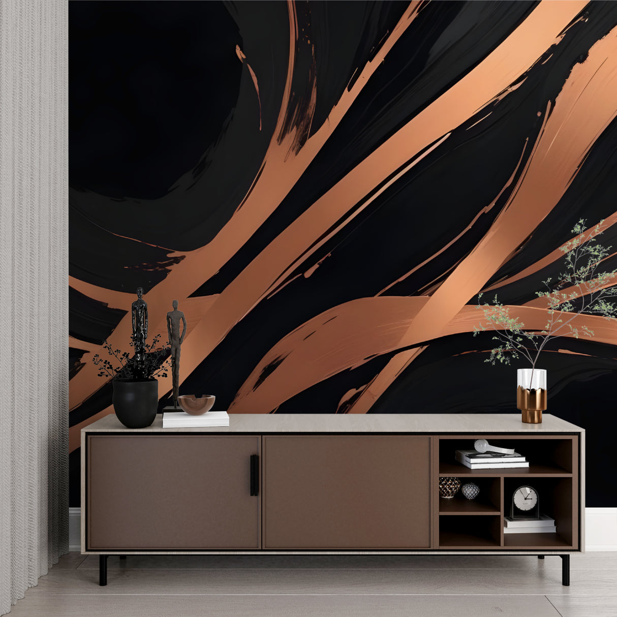 Abstract black and copper wallpaper mural in modern living room with grey sofa and minimalist decor