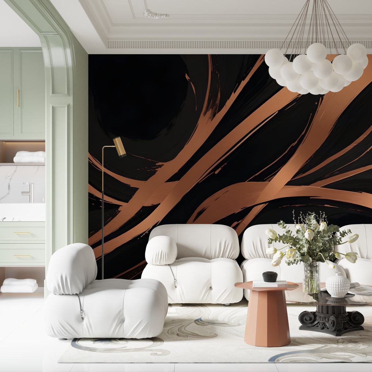 Copper abstract wall mural creating stunning backdrop in dining room with pendant lights