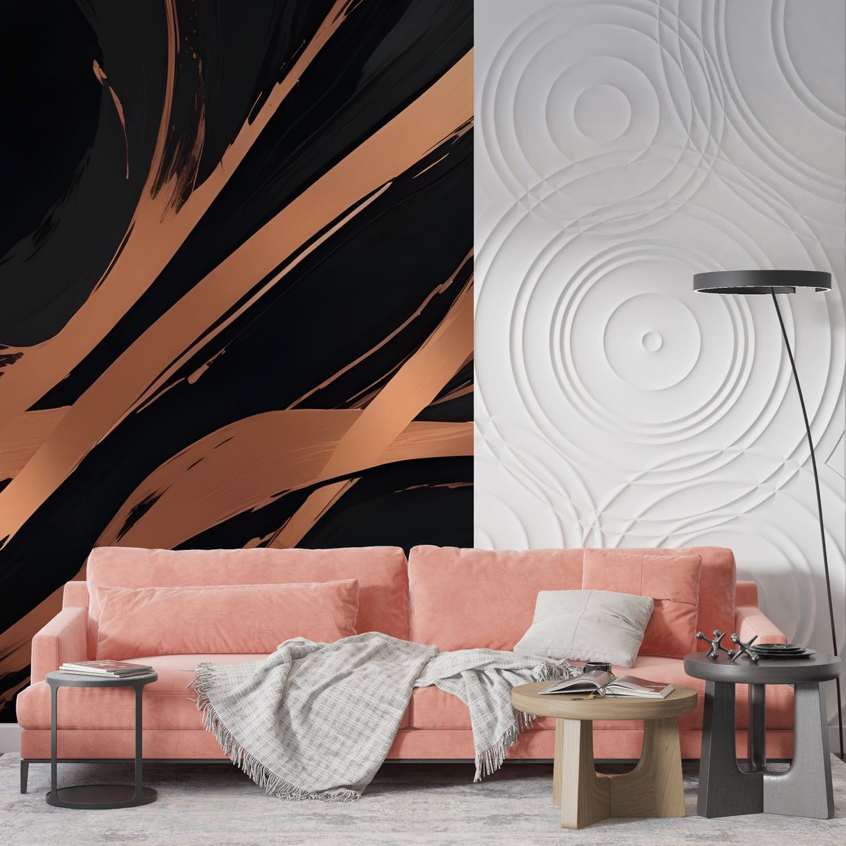 Black and copper abstract wallpaper design in home office with modern furniture