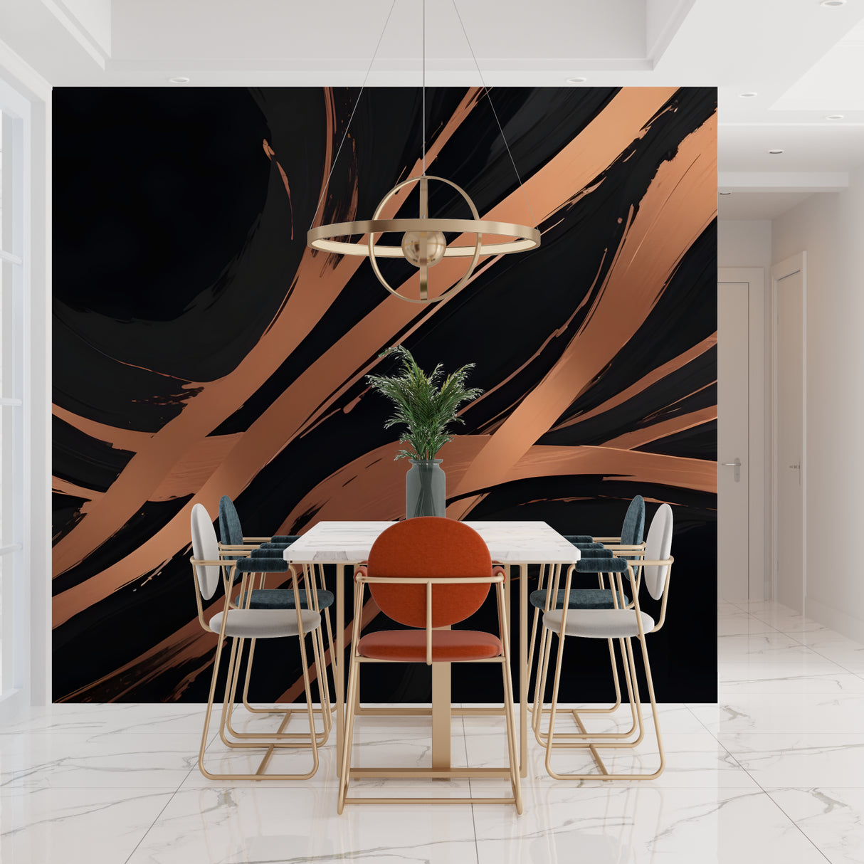 Abstract copper brushstroke mural in master bedroom with luxury bedding