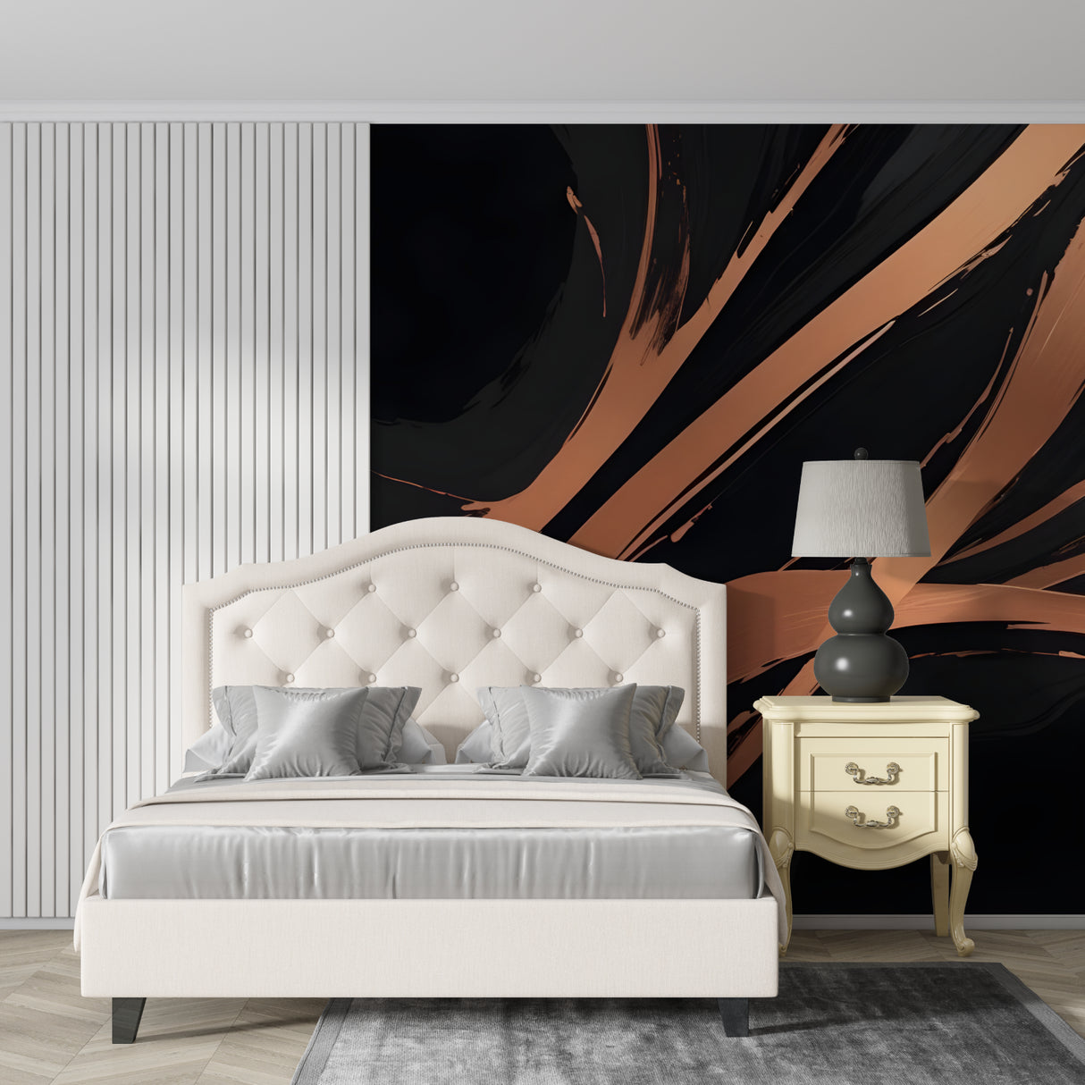 Modern abstract wall mural featuring copper tones in hallway setting