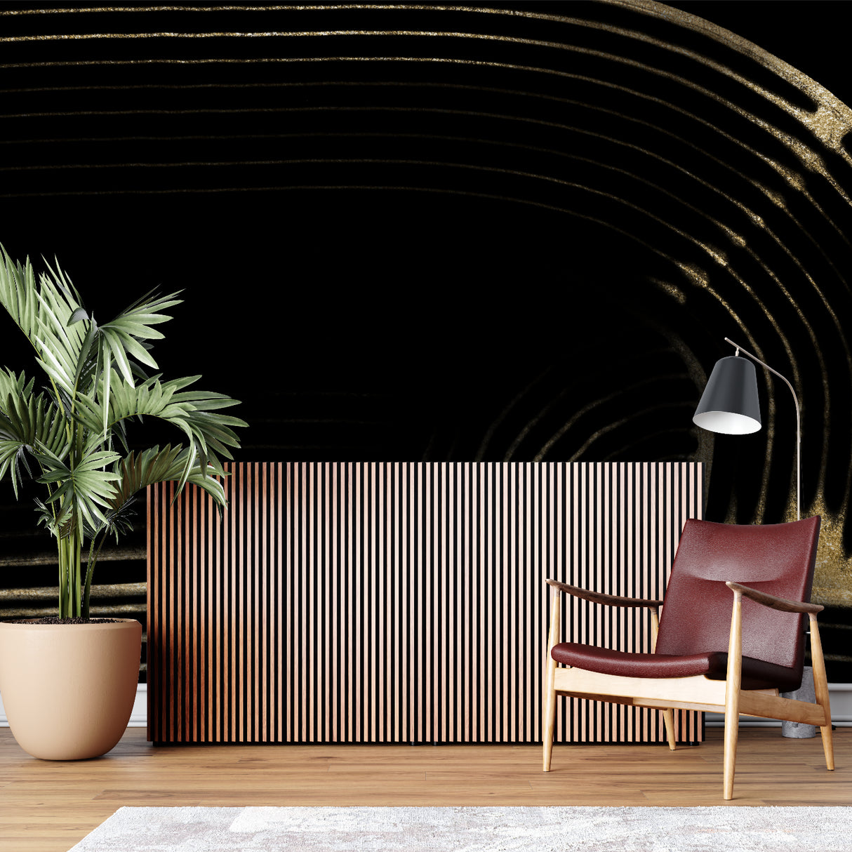 Black and gold curved line wallpaper in modern living room creates dramatic accent wall