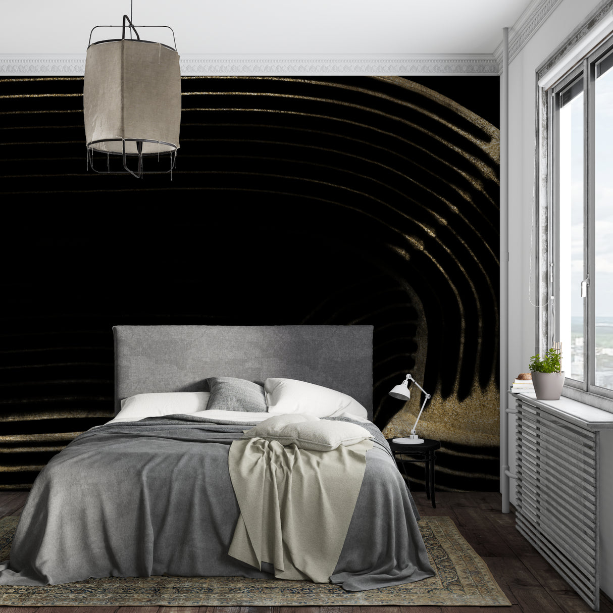 Abstract black gold wallpaper adding luxury feel to master bedroom