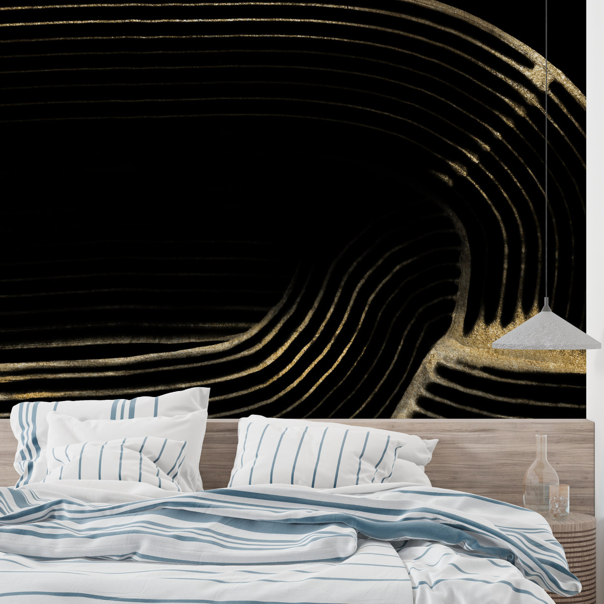 Curved line wallpaper making statement in dining room with evening lighting