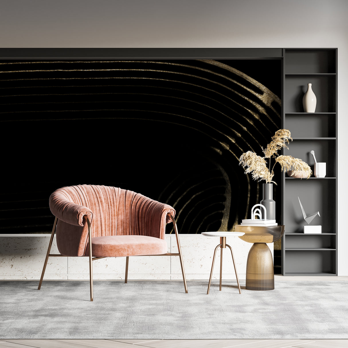 Black and gold wallpaper creating focal point in hallway entrance