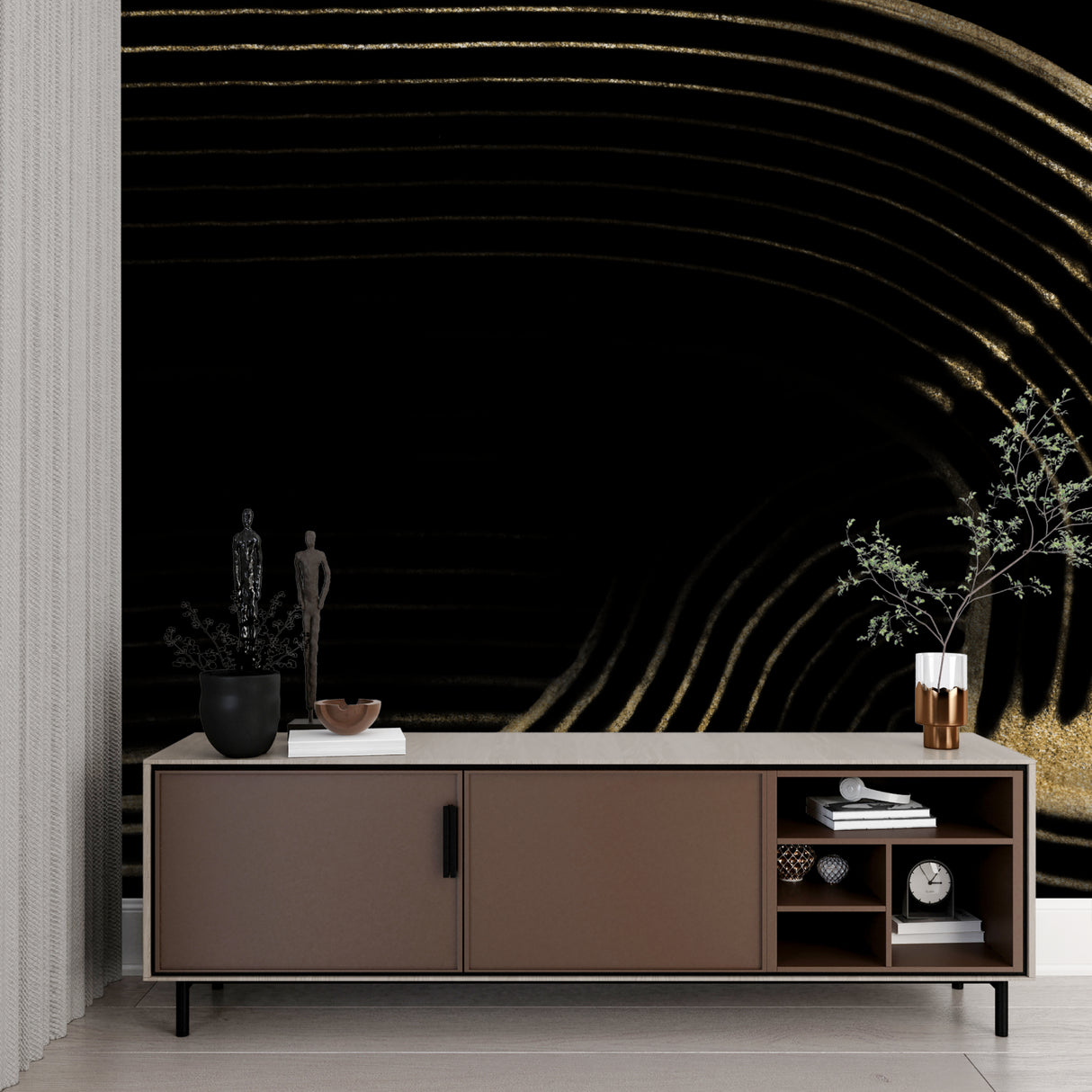 Black and gold curved lines wallpaper in modern living room with grey sofa and pendant lights