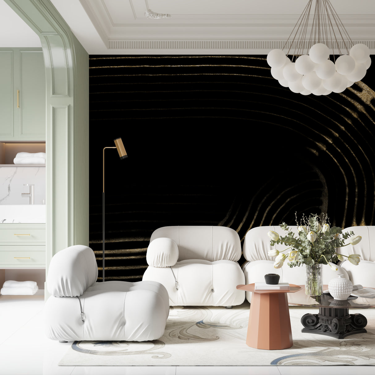 Abstract black and gold wallpaper creating dramatic backdrop in dining room setting