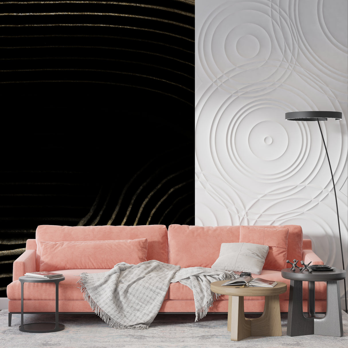 Geometric black and gold wall mural adding luxury feel to master bedroom