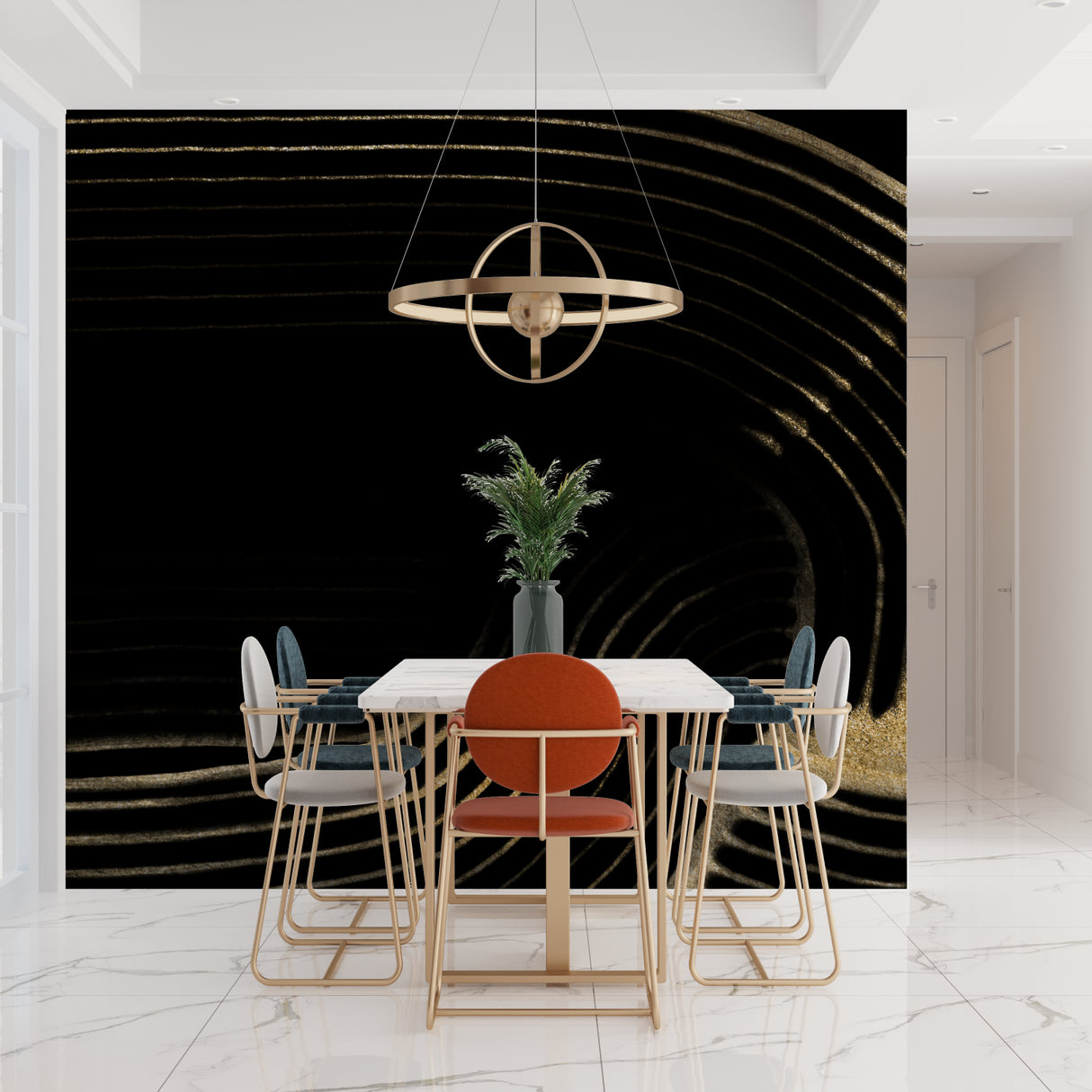 Modern curved lines wallpaper design in home office with minimal furniture