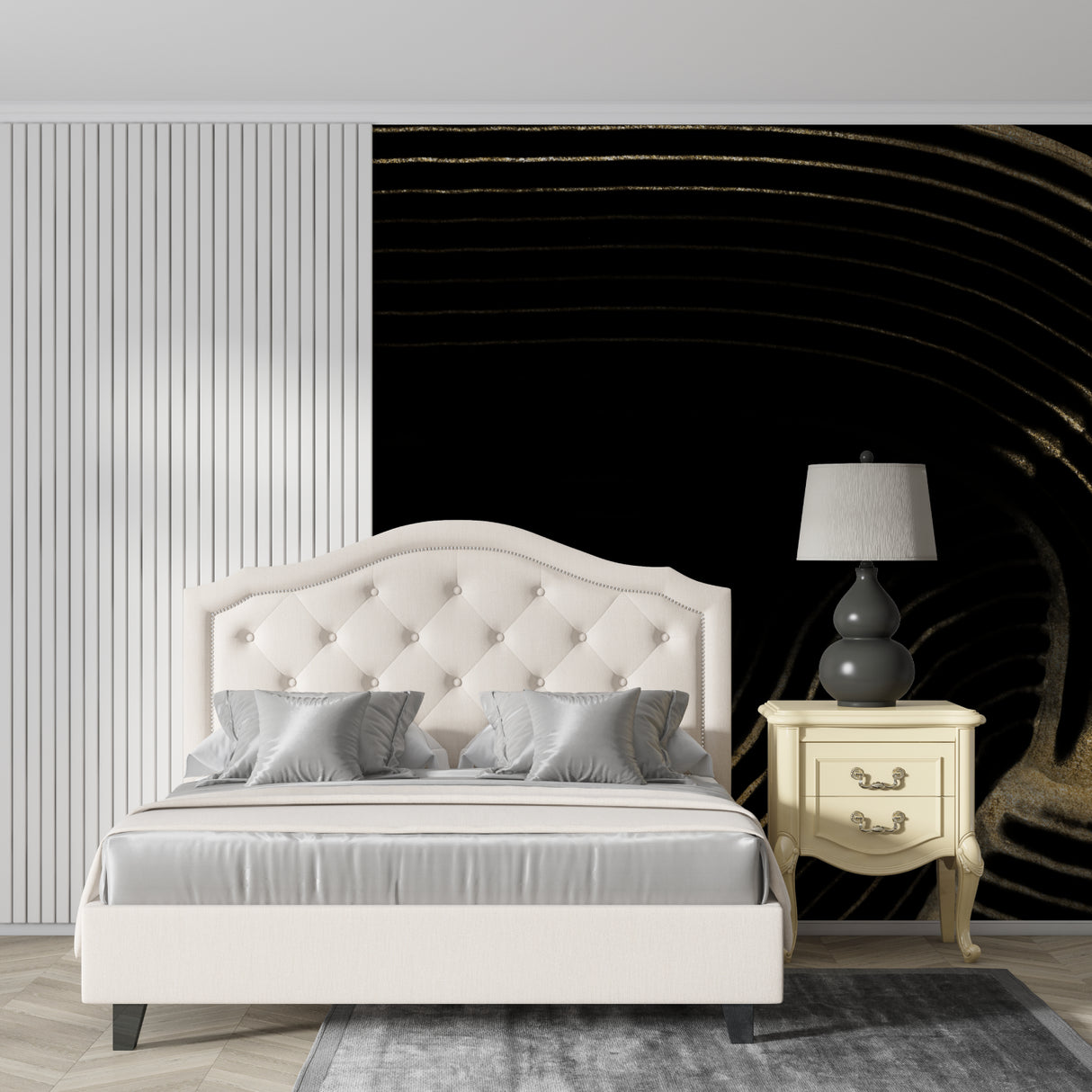 Black and gold abstract pattern making statement in hallway entrance