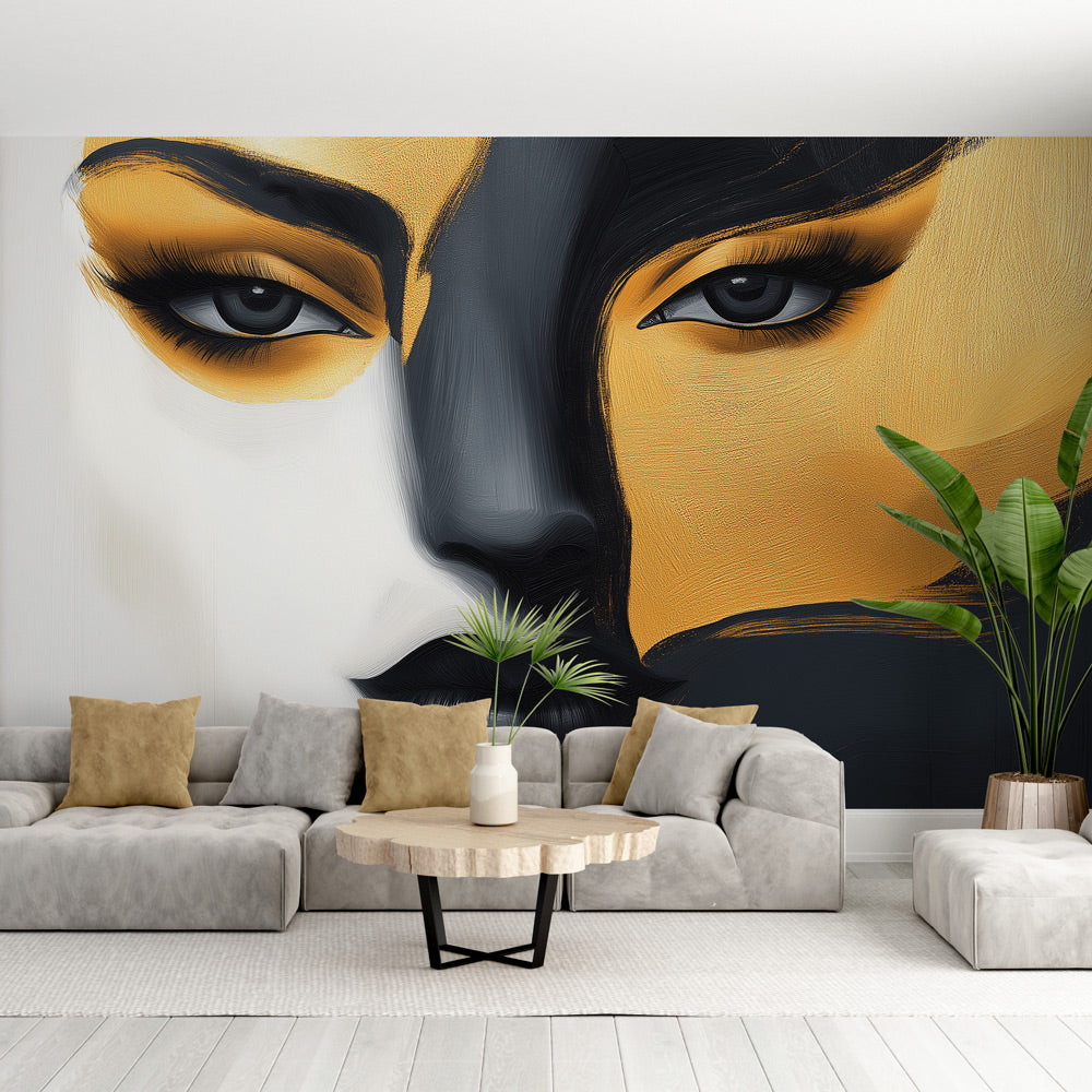 Modern black and gold abstract portrait mural wallpaper creating drama in a minimalist living room with ambient lighting