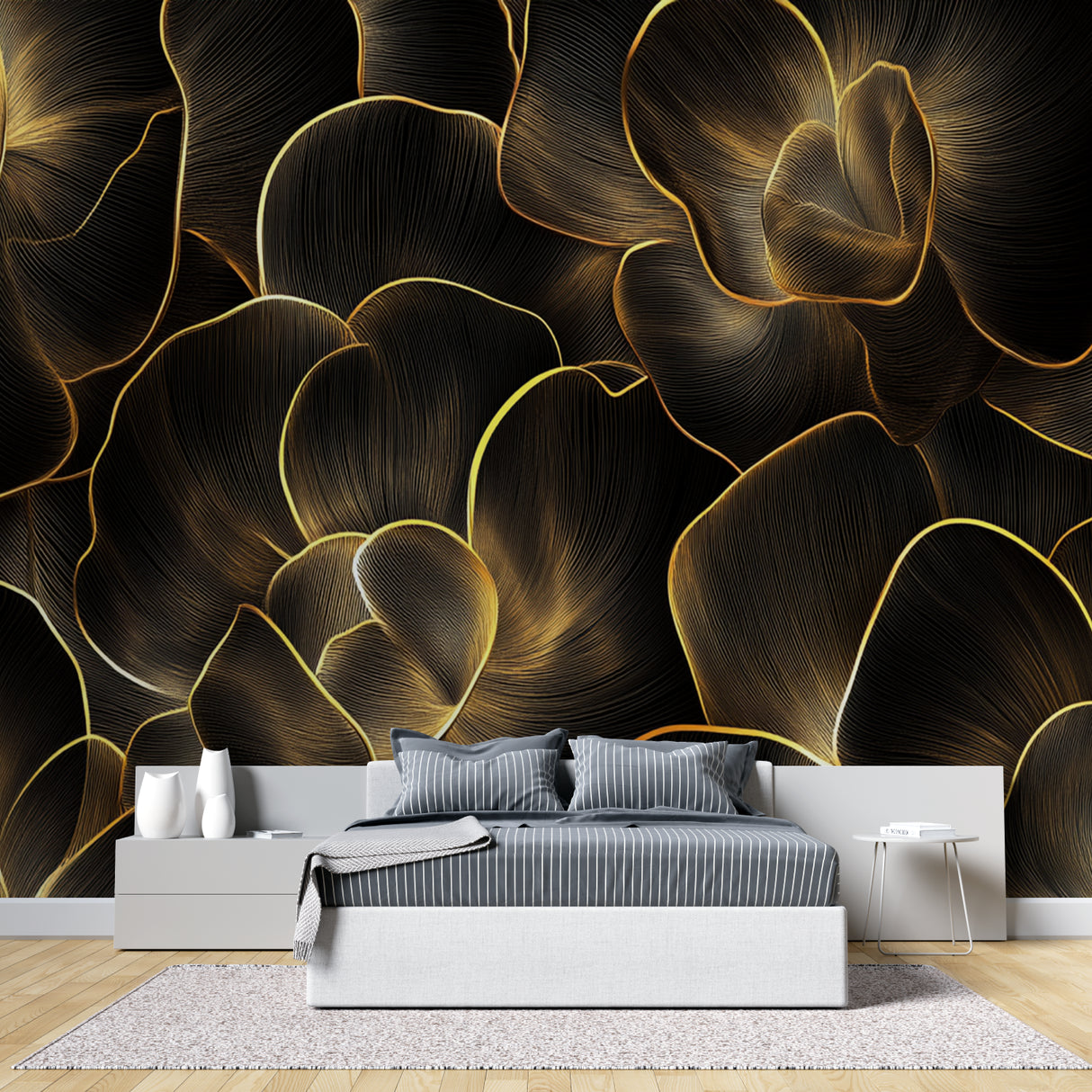 Black and gold floral wallpaper creating drama in modern living room with grey sofa and pendant lights