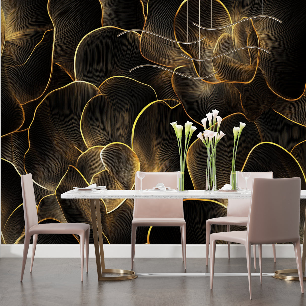 Master bedroom with black and gold floral mural creating luxurious atmosphere