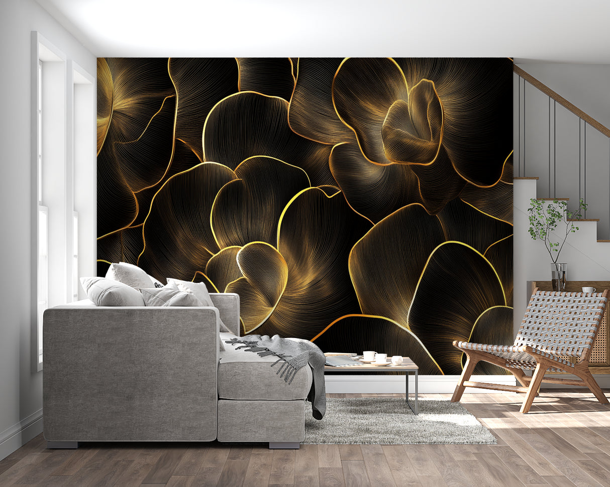Home office space with abstract black and gold wallpaper adding sophistication