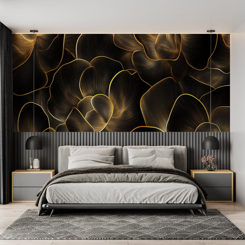 Hallway transformed with black and gold abstract floral wallpaper and modern lighting