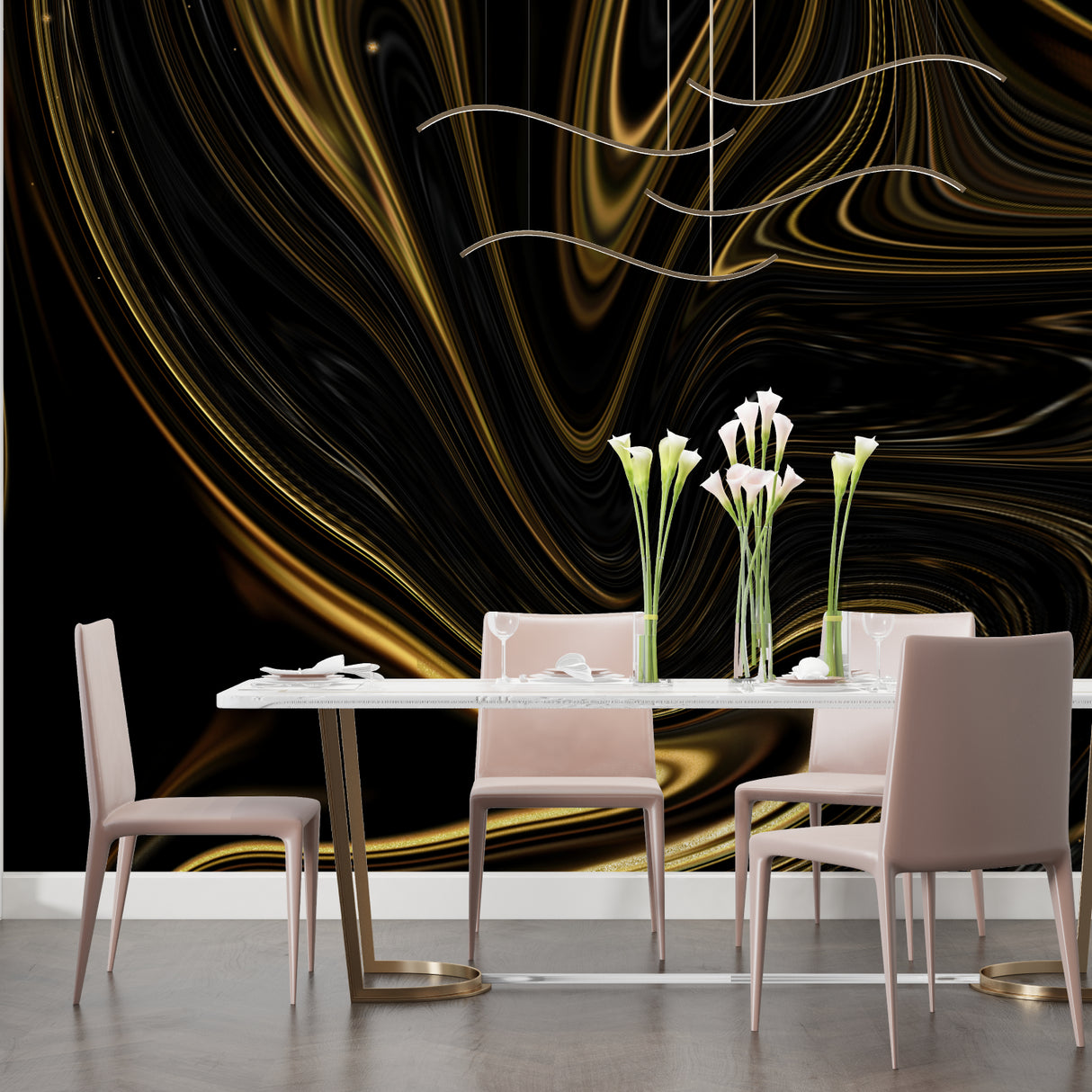 Luxury dining room featuring black and gold wave mural wallpaper with crystal chandelier