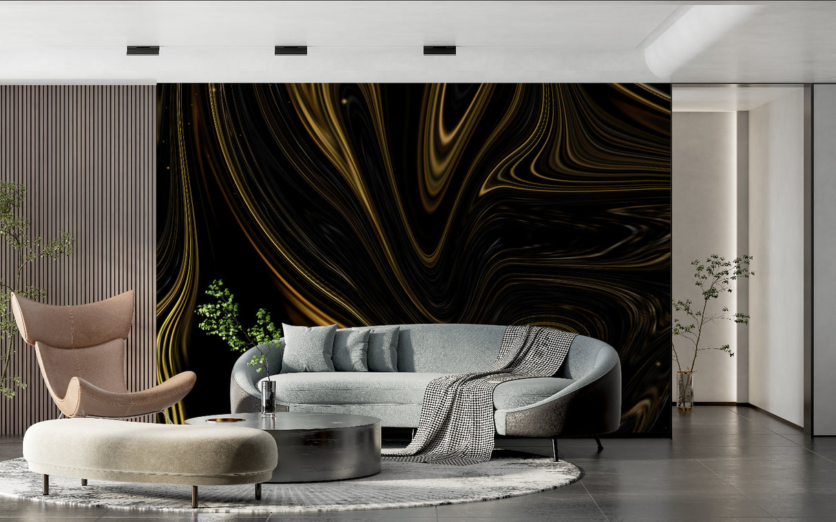 Master bedroom with abstract gold wave wallpaper creating an elegant feature wall