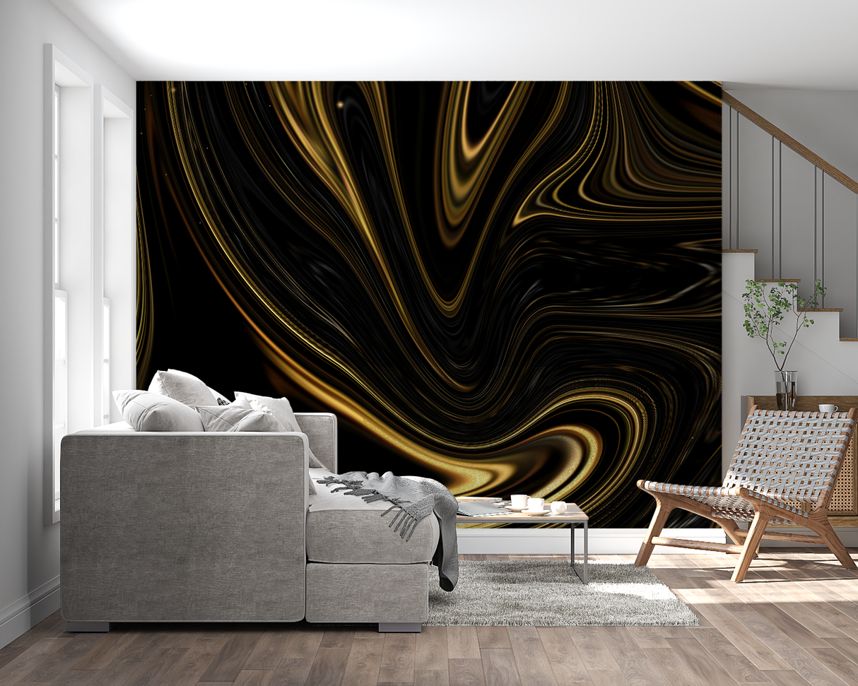 Home office space with black and gold abstract mural adding sophistication