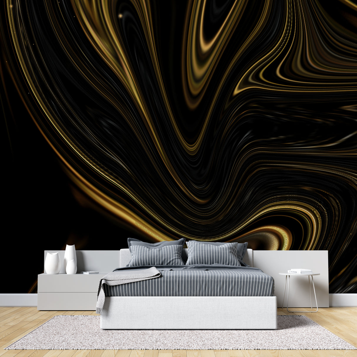 Hotel lobby showcasing fluid gold wave wallpaper with modern furniture