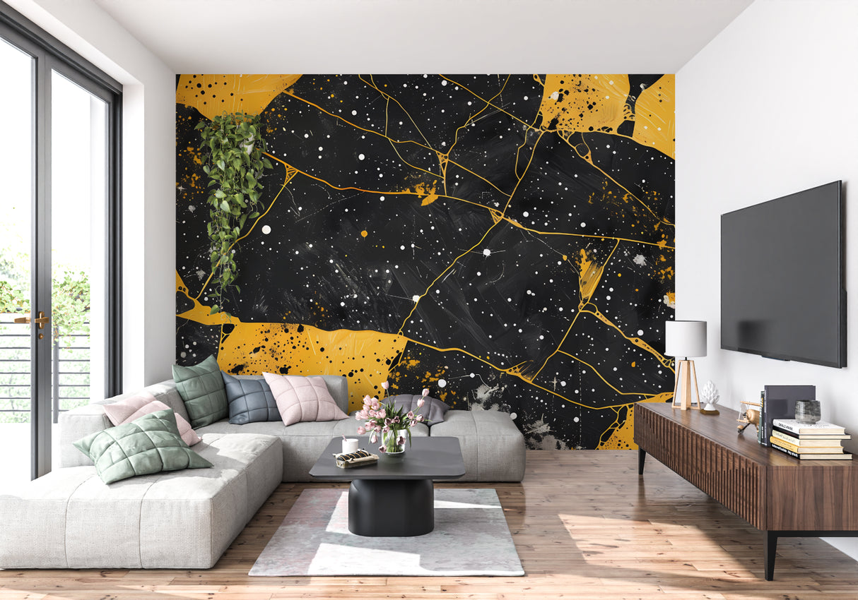 Black and gold galaxy wallpaper in modern living room creating dramatic atmosphere with pendant lighting