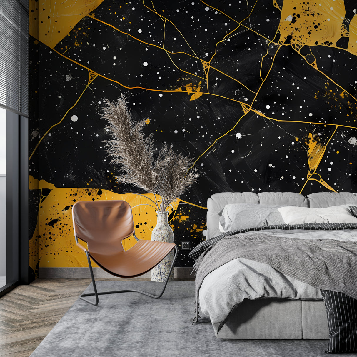 Abstract black and gold geometric mural in master bedroom with minimalist furniture