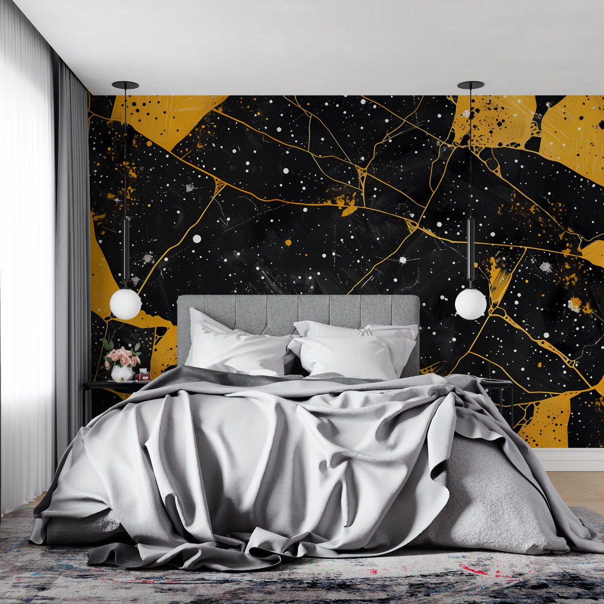 Galaxy wall mural in home office space with gold accents and modern desk setup