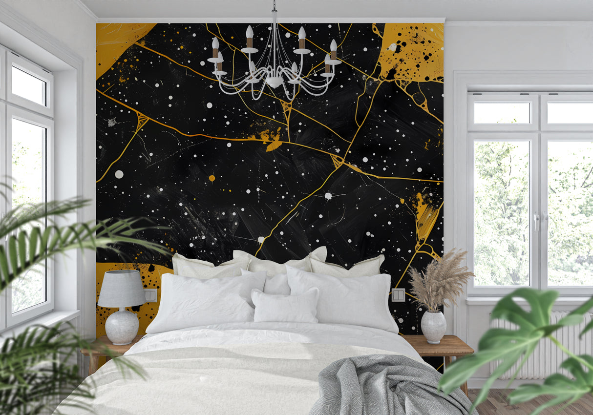 Black and gold abstract wallpaper in dining room with contemporary chandelier