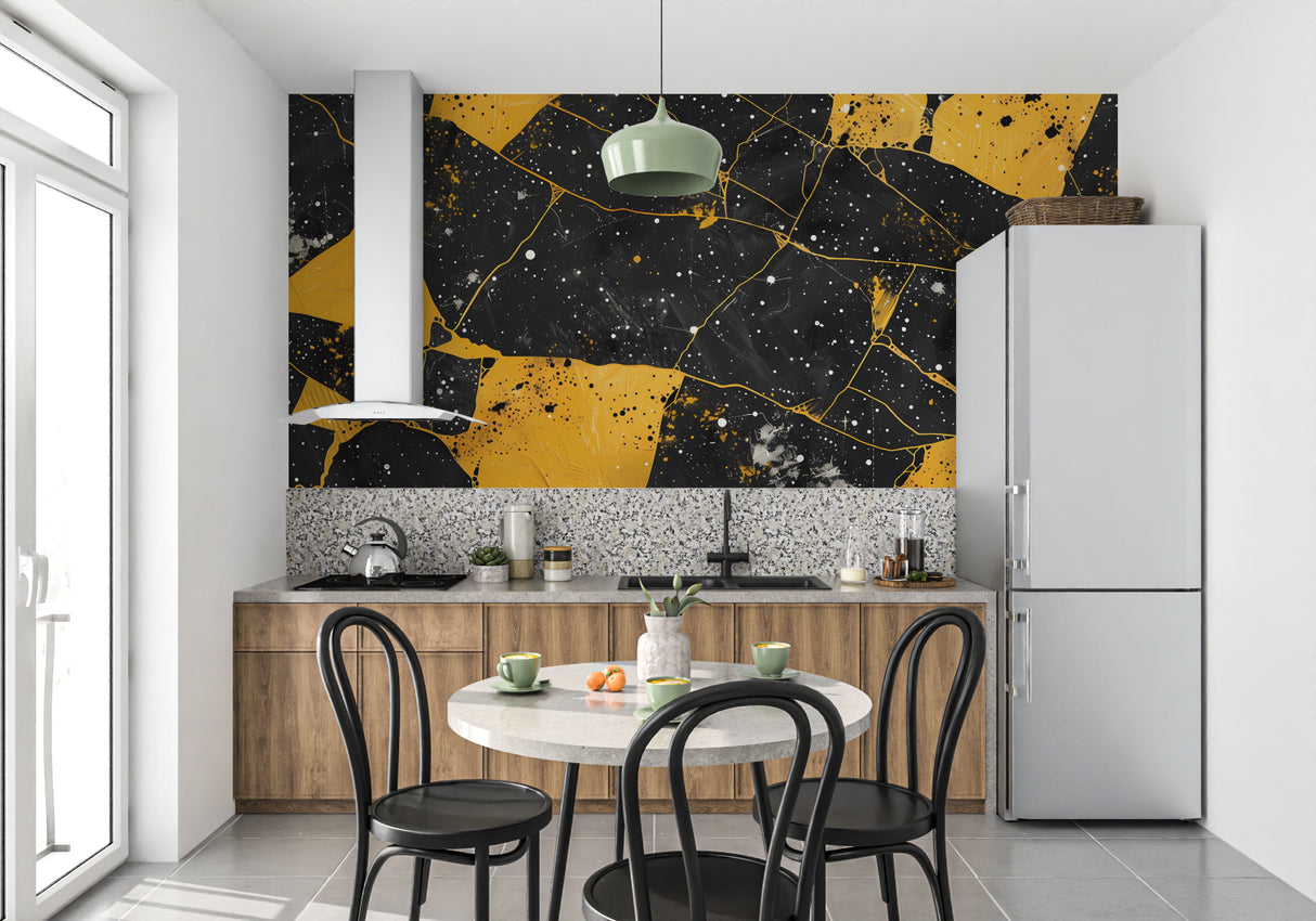 Modern geometric wallpaper featuring in luxury hotel lobby with black and gold theme