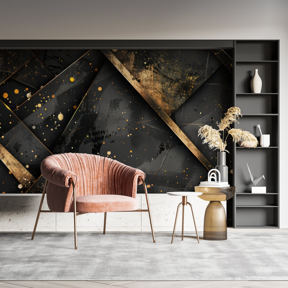 Black and gold geometric wallpaper in modern living room creating dramatic accent wall with metallic highlights