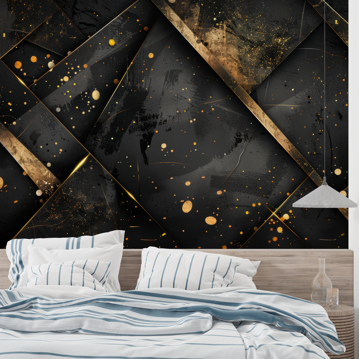 Luxury geometric wall mural in master bedroom showing black and gold abstract pattern
