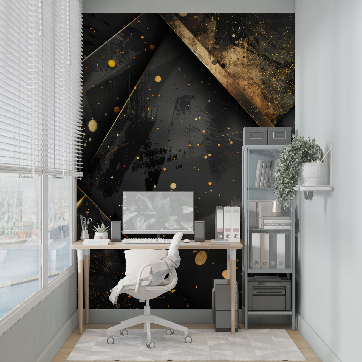 Modern dining room featuring black and gold abstract wallpaper with geometric designs