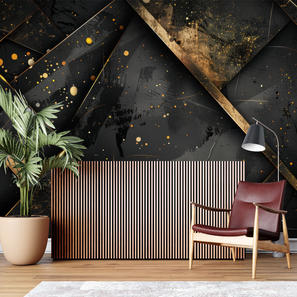 Home office space with modern geometric wallpaper in black and gold tones