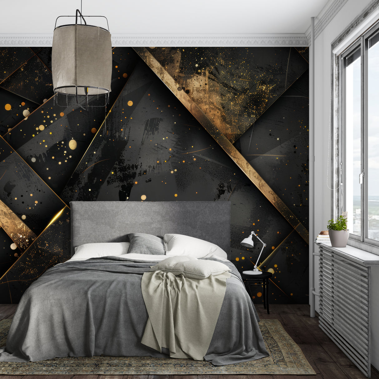 Contemporary hallway showcasing black and gold geometric pattern wallpaper