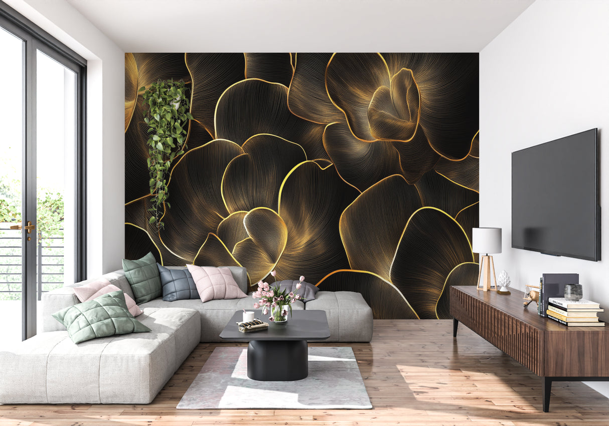 Black and gold abstract wallpaper in modern living room creating elegant atmosphere