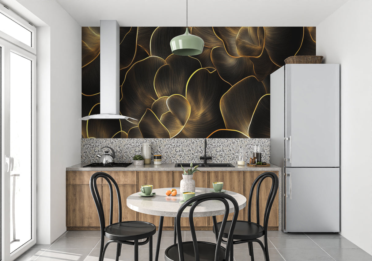 Luxury dining room featuring black and gold leaf pattern wall mural