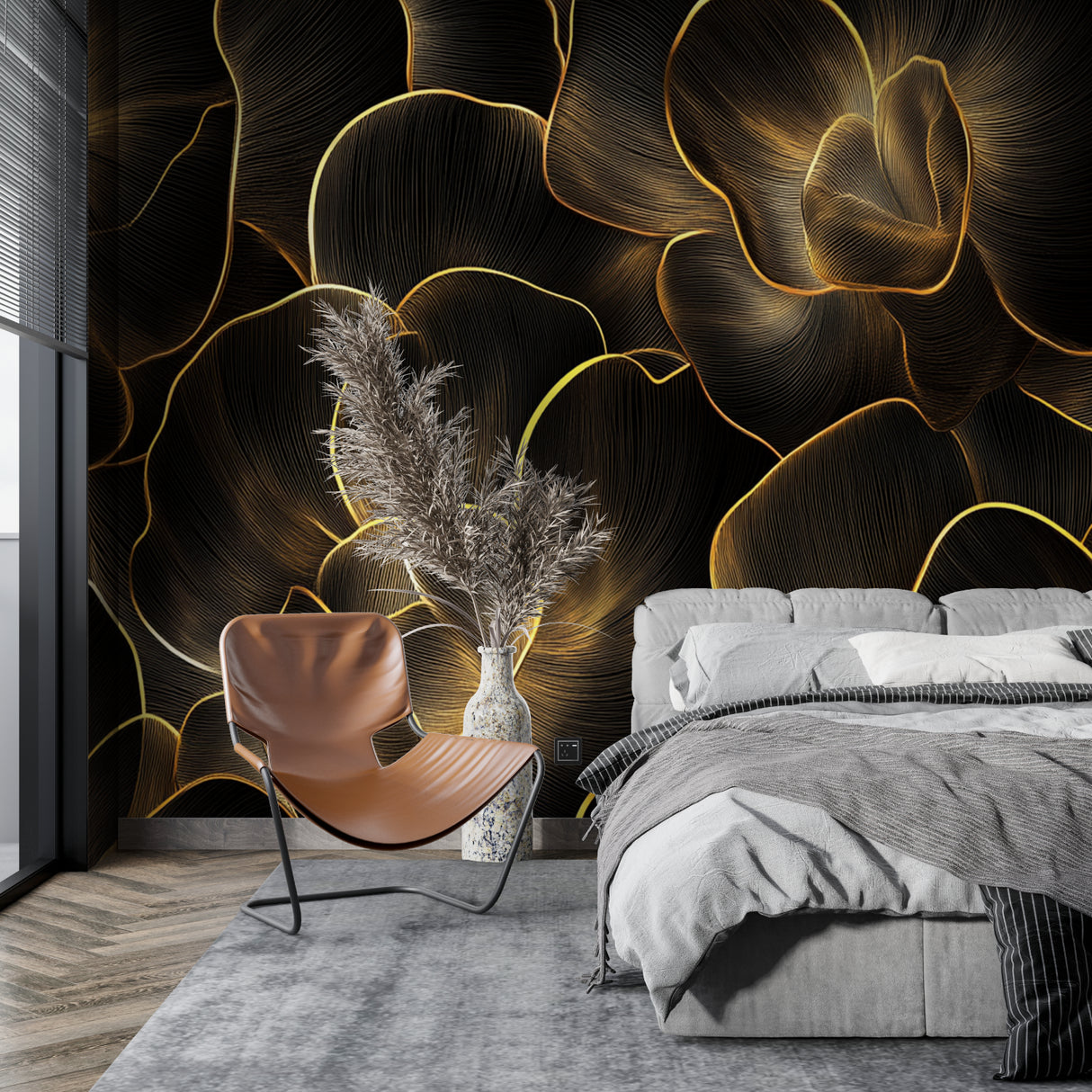 Home office transformed with modern black and gold abstract wall design