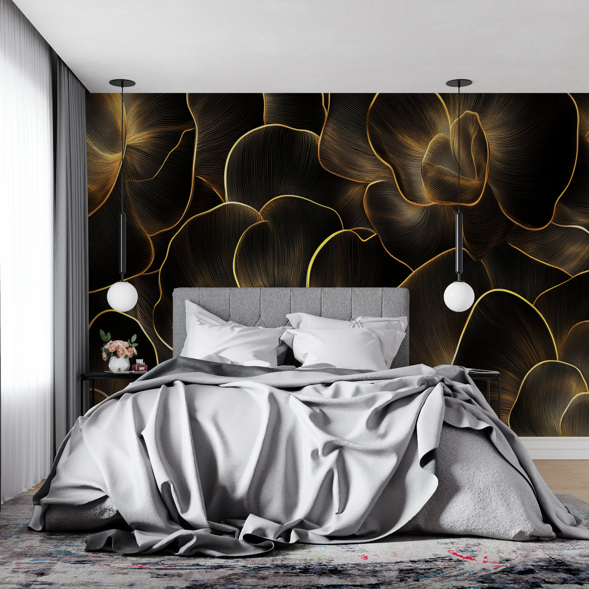 Hallway showcase of black and gold leaf pattern mural in natural light