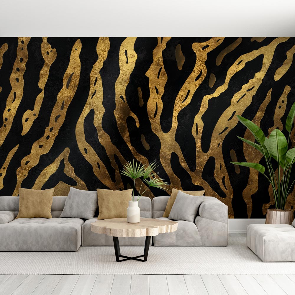Black and gold abstract luxury wallpaper creating dramatic impact in a modern living room with high ceilings