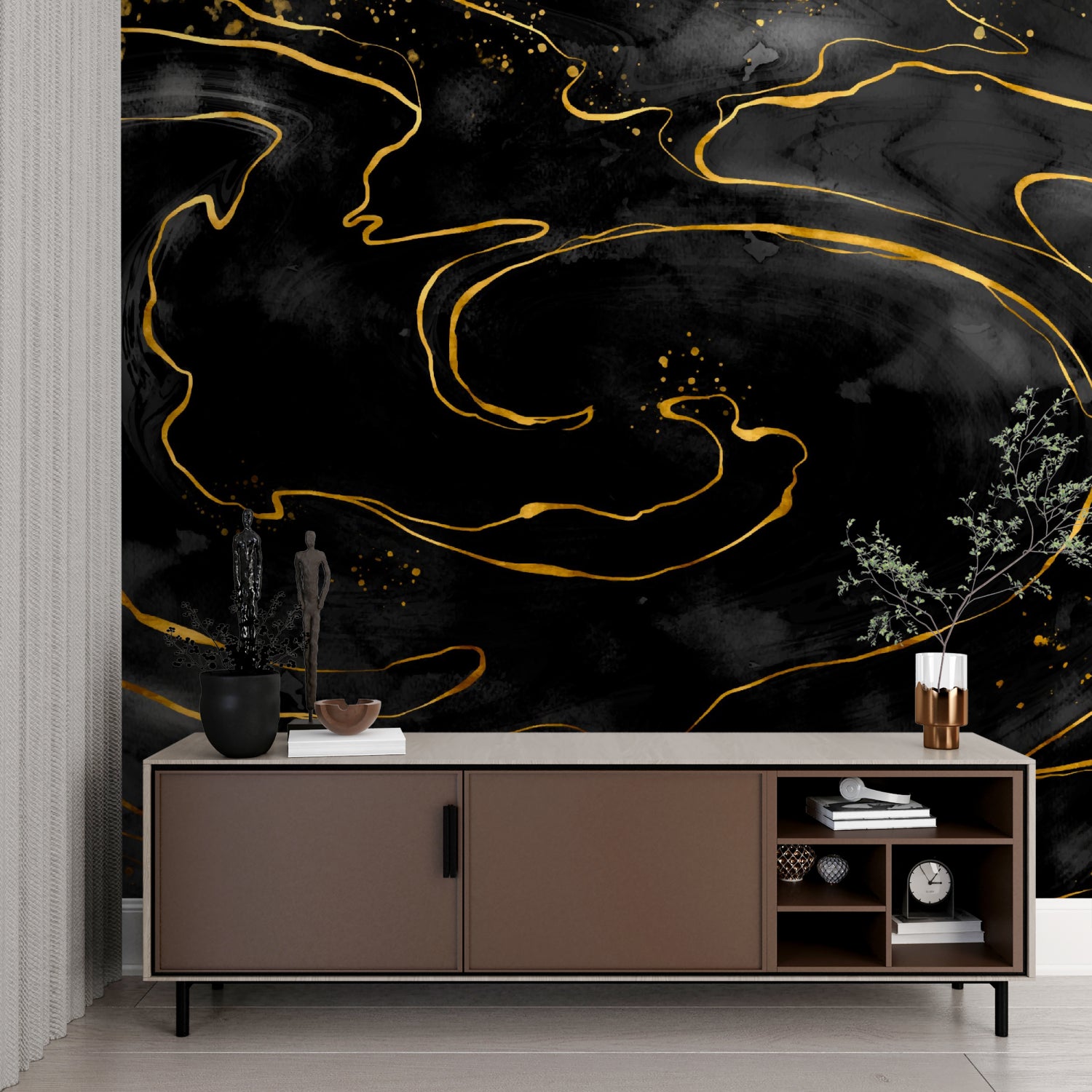 Entryway transformed with dramatic black and gold abstract wall design