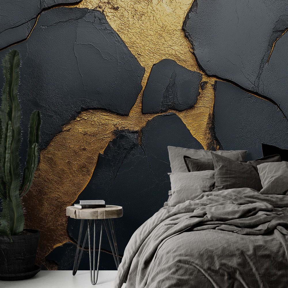 Stunning Black and Gold Marble Wallpaper creating depth in a modern living room with designer furniture