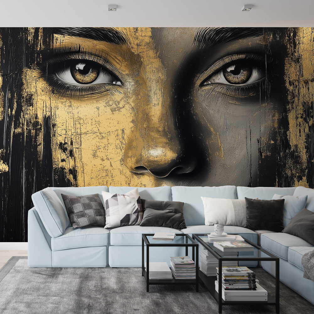 Abstract black and gold portrait mural wallpaper creating dramatic impact in modern living room with high ceilings