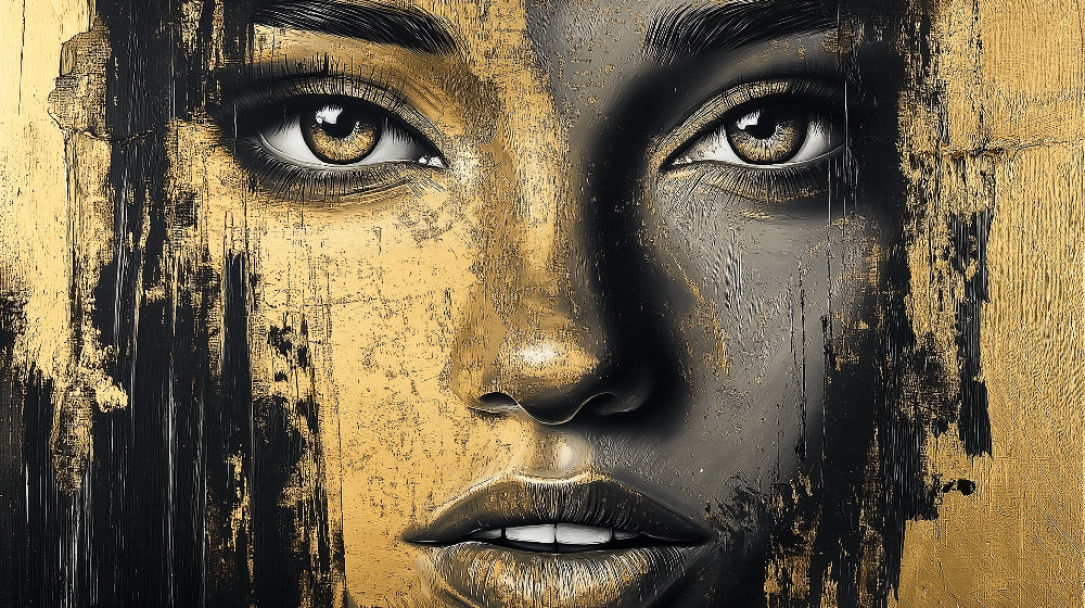 Black and gold portrait art wallpaper design file showing intricate metallic details and rich textures