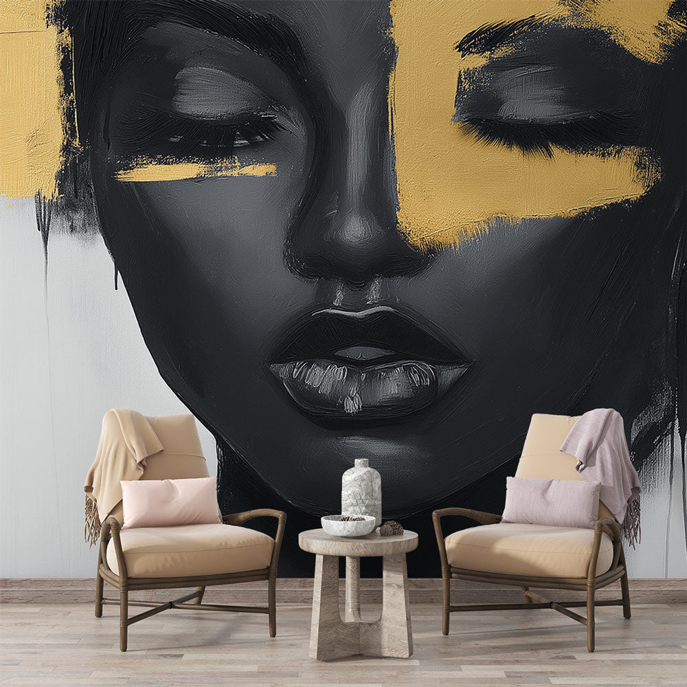 Black and gold abstract portrait wallpaper creating dramatic impact in a modern minimalist living room setting