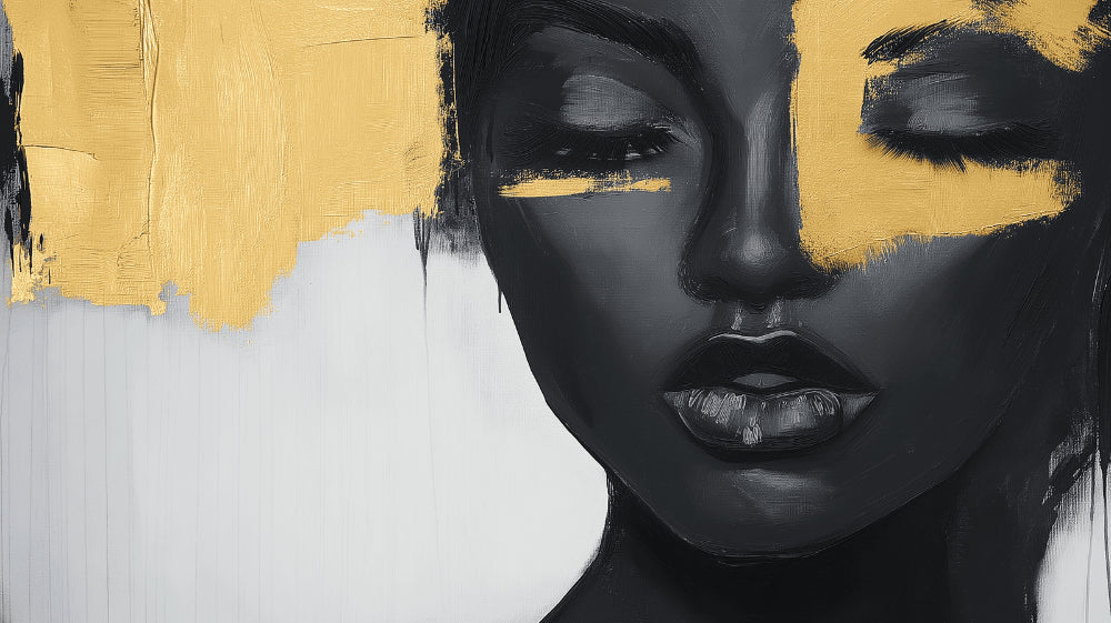 Abstract portrait wall mural design file showing detailed black and gold artistic pattern