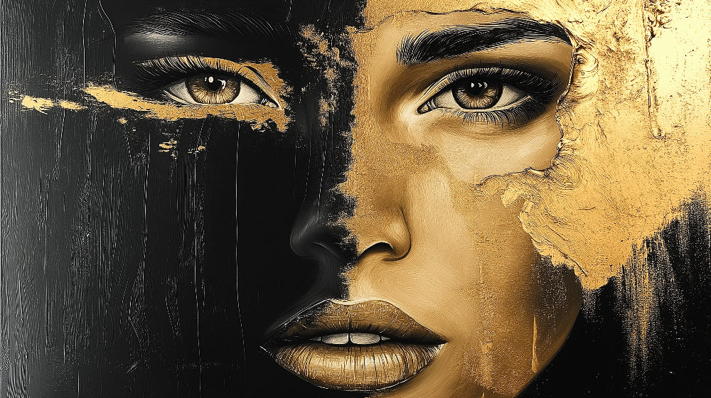 Abstract portrait design file showing detailed black and gold artwork with dramatic contrasts