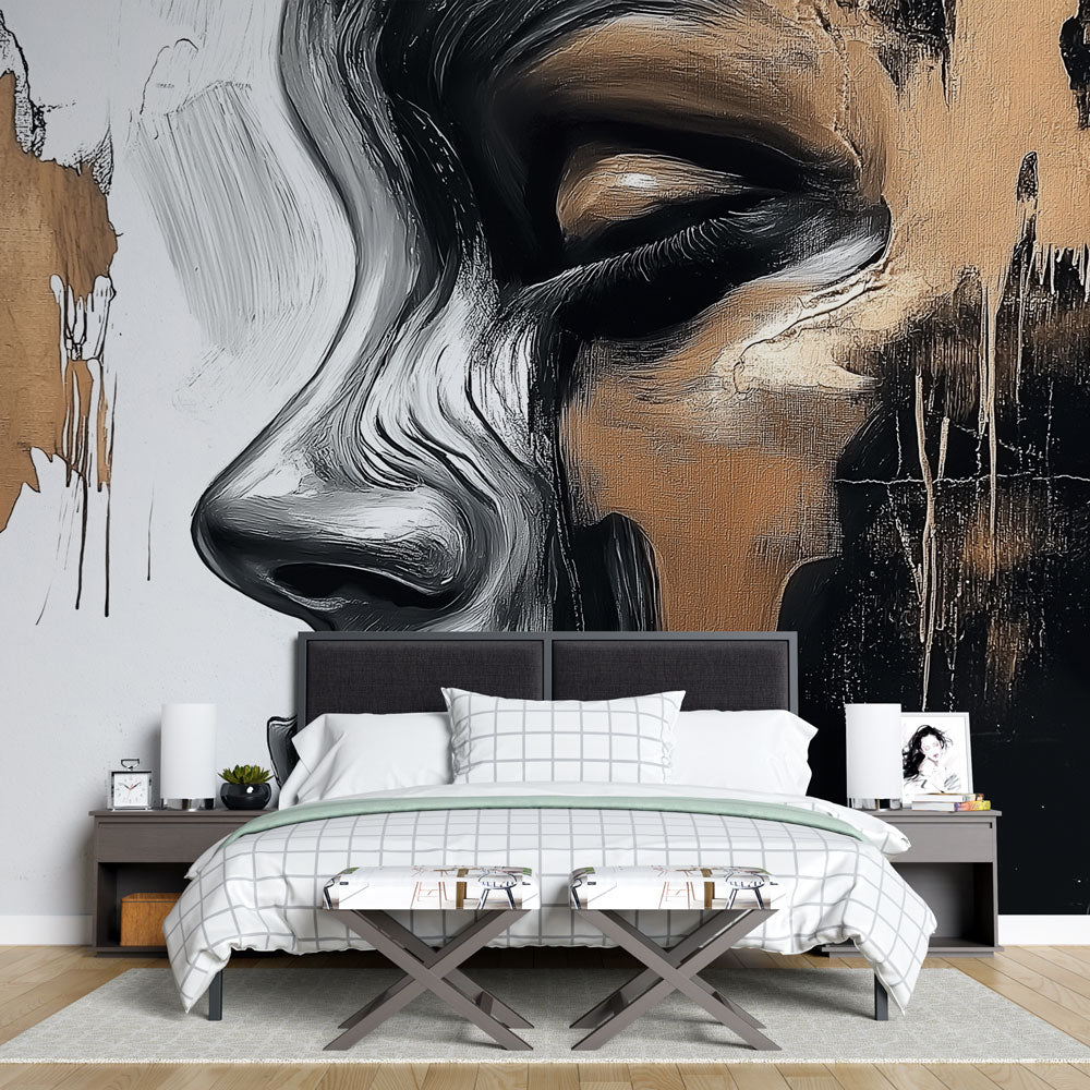 Abstract portrait wallpaper in modern living room, black and gold art creating dramatic focal point against neutral furniture